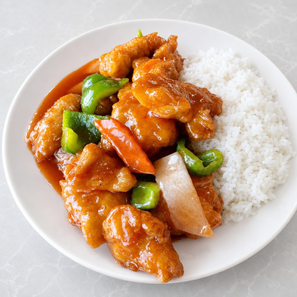 Hong Kong Style Chicken w. Sweet & Sour Sauce Over Rice 港式甜酸鸡饭.