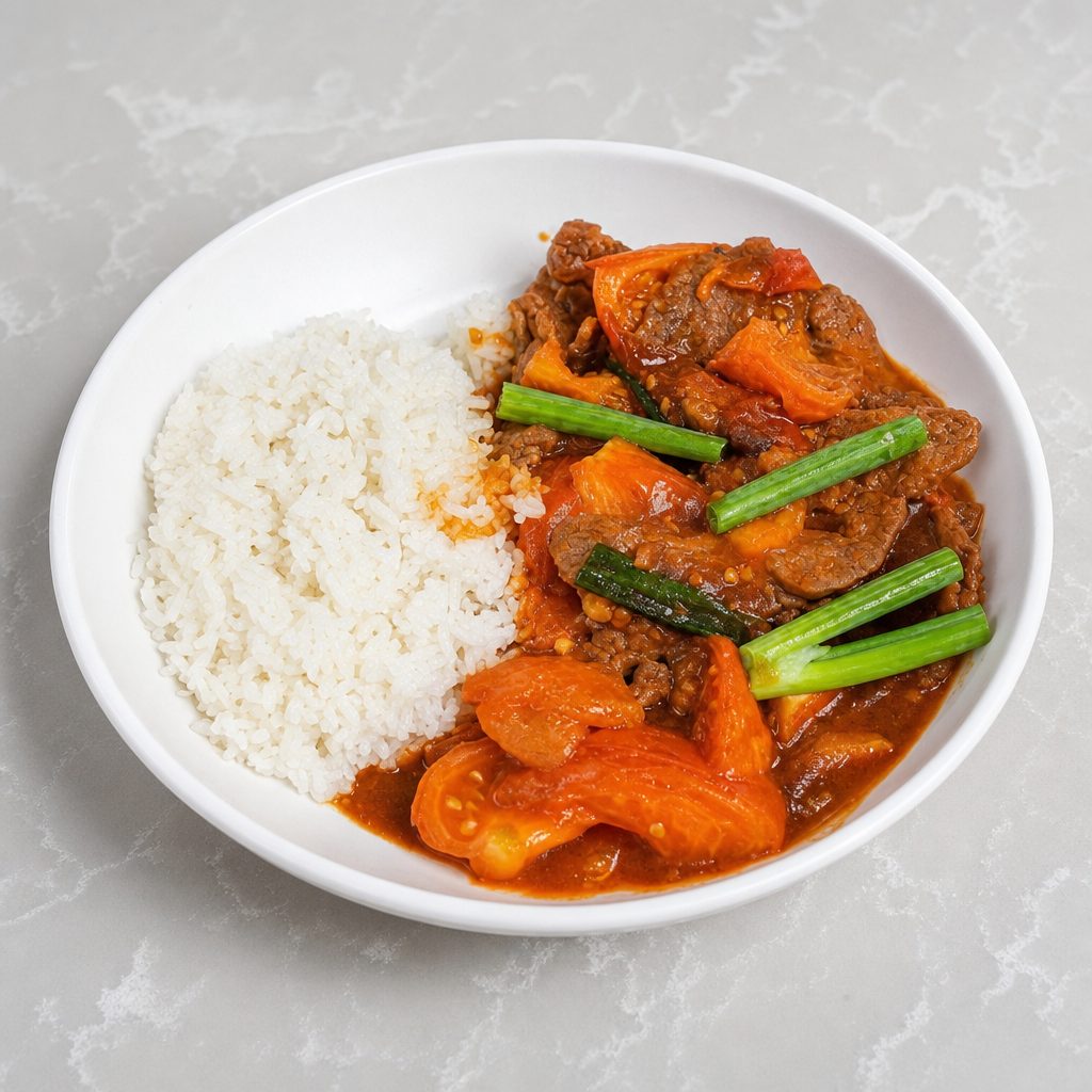 (S) Beef with Tomatoes Over Rice 番茄牛肉饭.